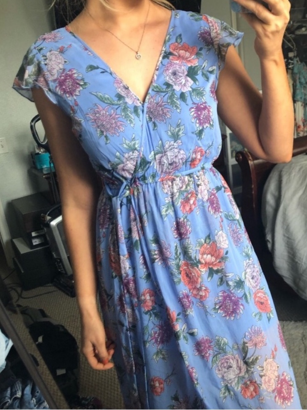 Band of Gypsies Light Blue Floral Asymmetrical Cottagecore Maxi Dress XL - Picture 3 of 16